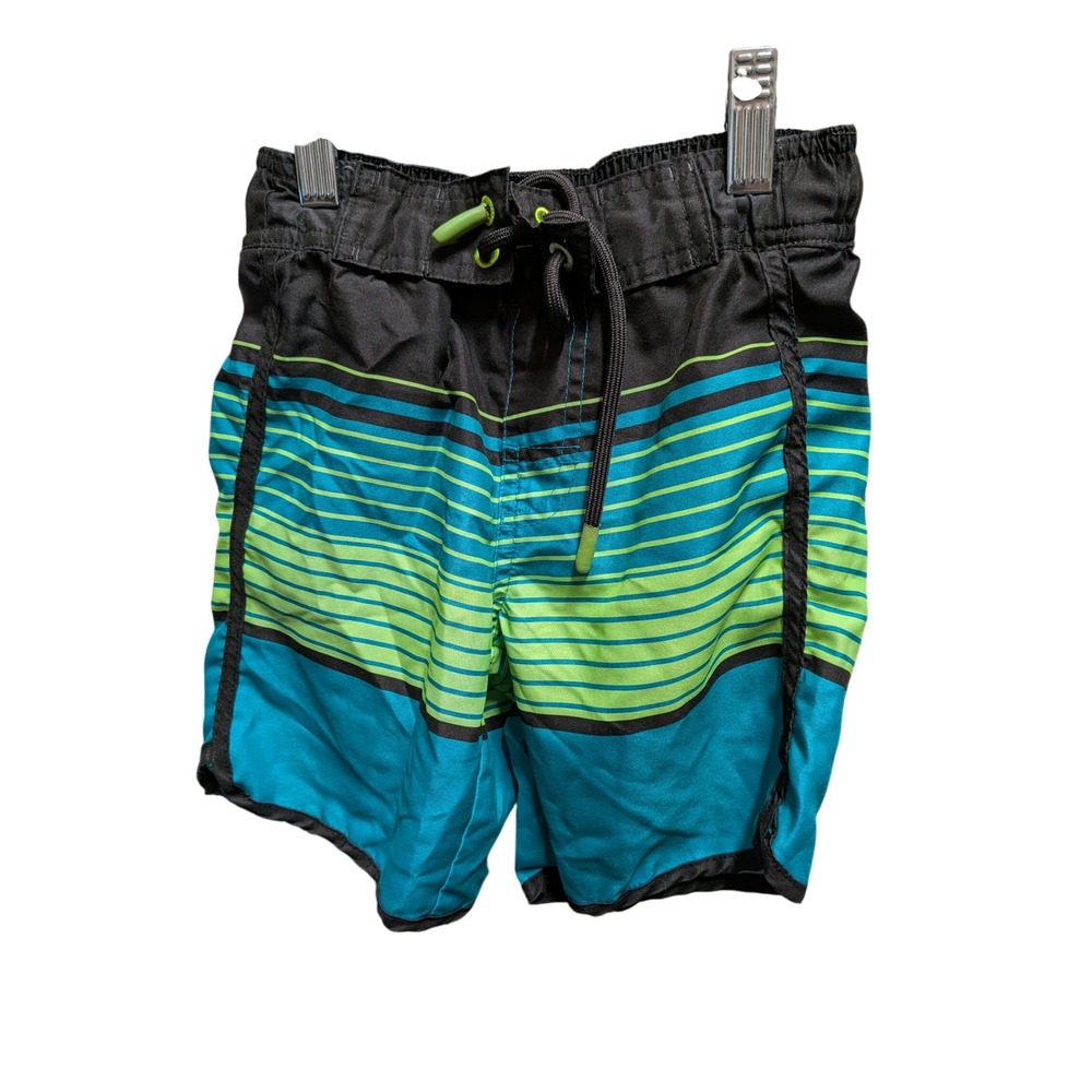 Wave Zone Boys Swim Trunks XS 5 Black Turquoise Neon Green Striped Board Shorts